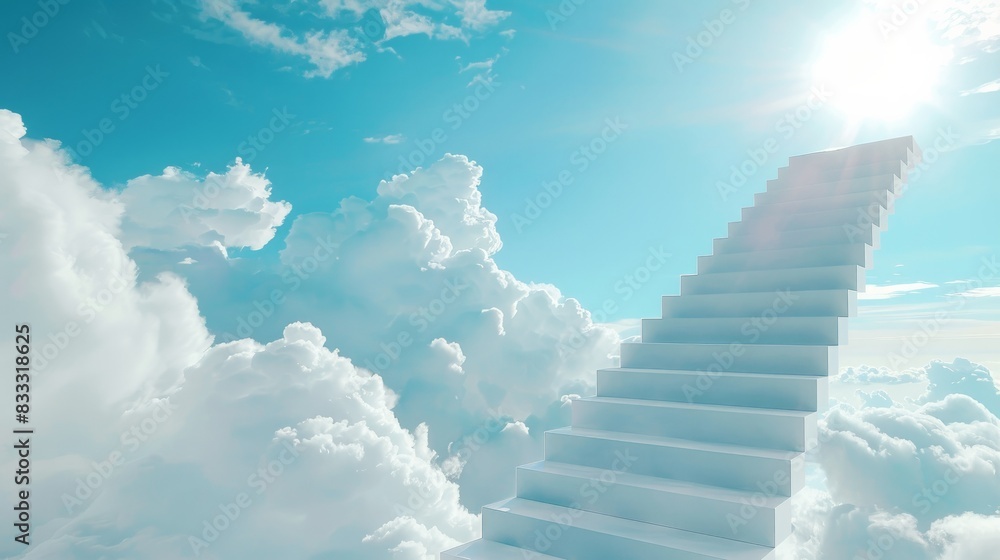 Stairs leading up into a bright, cloudy sky.







