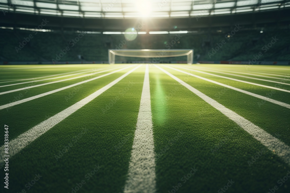 Empty soccer field goal view in a large stadium with sun flare and green grass, perfect for sports, fitness, and competition concepts. Empty soccer field goal view in a large stadium with sun flare and green grass, perfect for sports, fitness, and competition concepts.