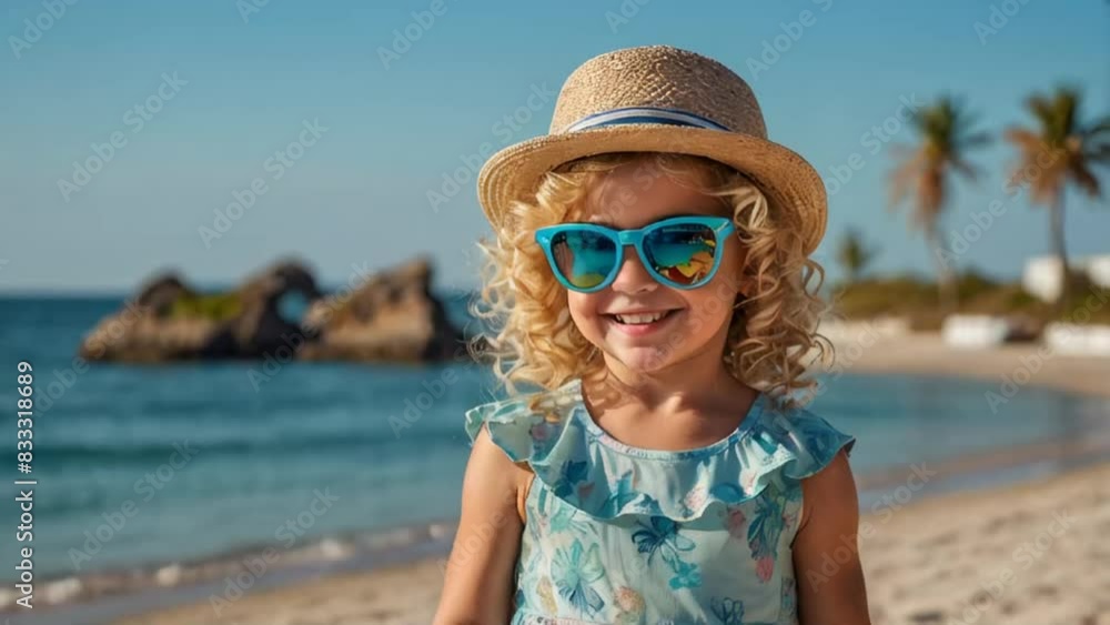 Cute little girl in a hat and sunglasses on the beach Cute little girl in a hat and sunglasses on the beach