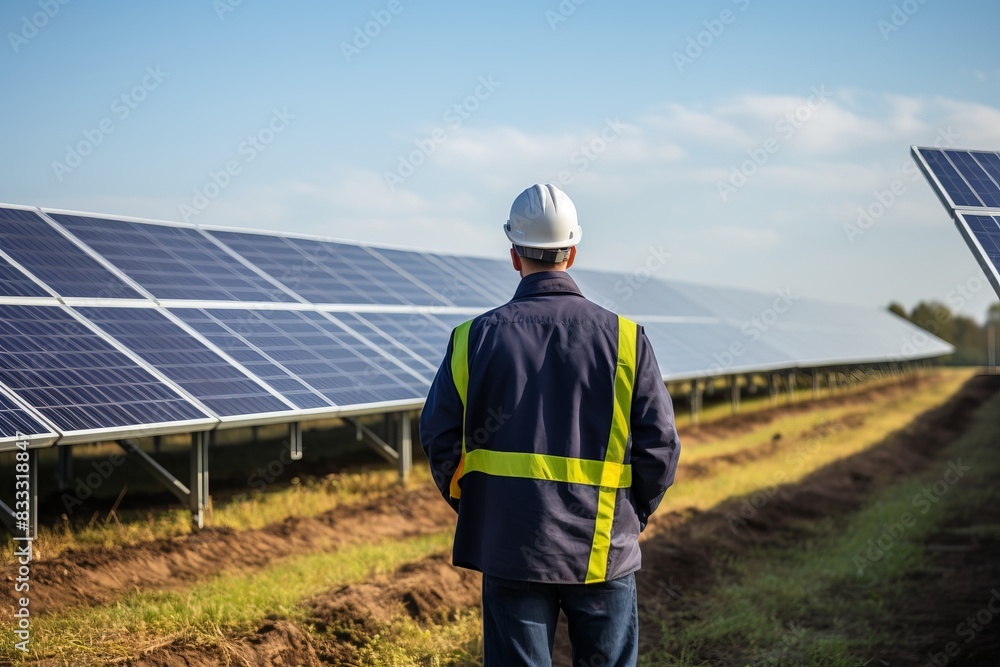 Engineer inspecting solar panels in a field on a sunny day, ensuring the operation and maintenance of renewable energy installations. Engineer inspecting solar panels in a field on a sunny day, ensuring the operation and maintenance of renewable energy installations.