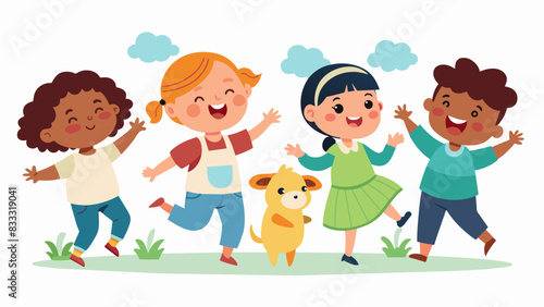 A small group of toddlers wiggled and danced along to a song about farm animals led by the enthusiastic librarian.. Vector illustration