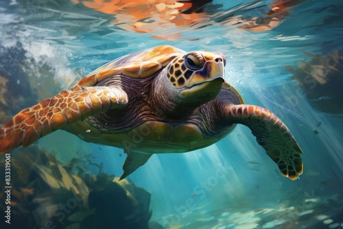 Majestic Turtle underwater swim. Water marine. Generate Ai