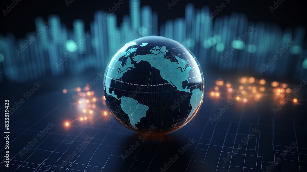 Futuristic digital representation of Earth with abstract data visualization and technology elements. Global connectivity concept.