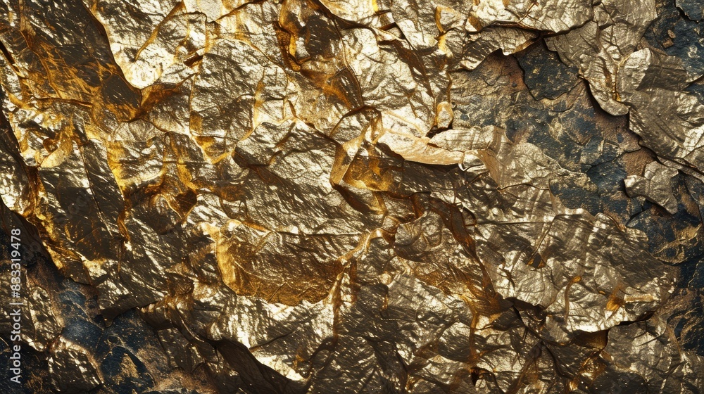 Close-up of rough gold foil and mineral texture.
Close-up of rough gold foil and mineral texture.
