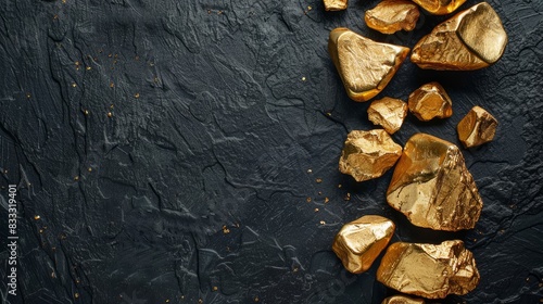 Gold nuggets and ingots arranged on a black table.

