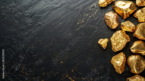 Gold nuggets and ingots arranged on a black table.