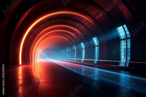Futuristic neon-lit tunnel with dynamic light trails, creating a vibrant and modern atmosphere. Perfect for tech and sci-fi themes. © GenBy