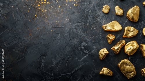 Gold nuggets and ingots arranged on a black table.

