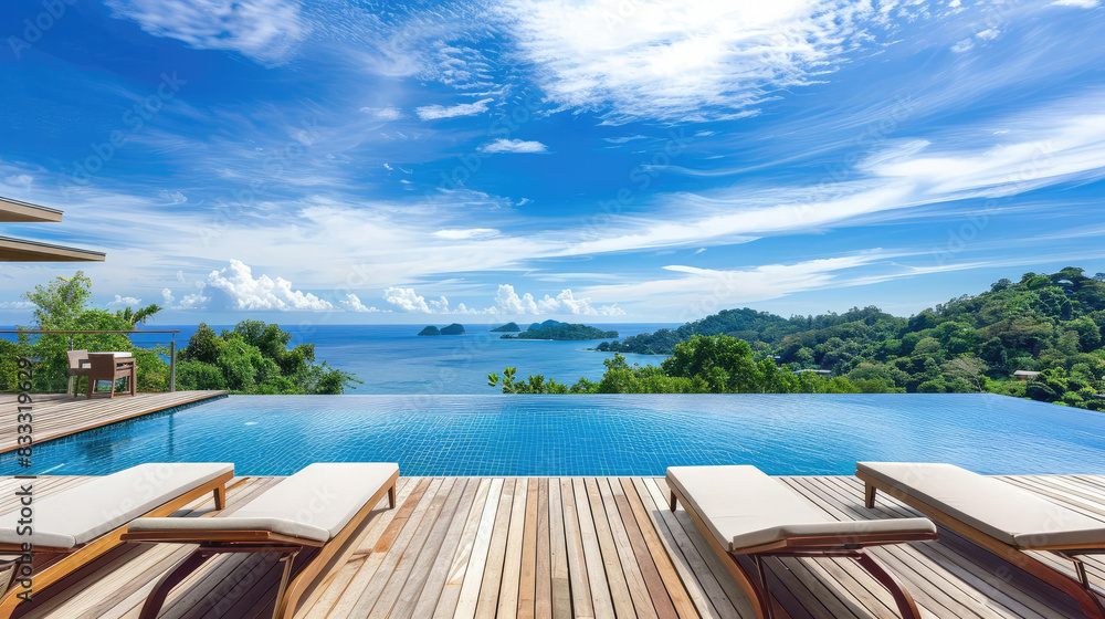 This perfect vacation scene showcases alfresco luxury by a pool with a panoramic view of a lush tropical island This perfect vacation scene showcases alfresco luxury by a pool with a panoramic view of a lush tropical island