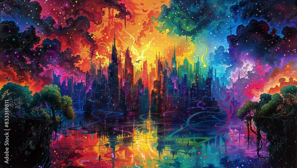 A vibrant and surreal cityscape with towering futuristic skyscrapers, colorful swirling clouds, and reflections in a shimmering river, depicting an urban dreamscape full of imagination.