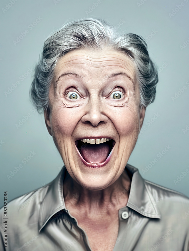 Portrait of an excited elderly woman with a wide smile, her eyes sparkling with happiness and positive emotions on a grey background Portrait of an excited elderly woman with a wide smile, her eyes sparkling with happiness and positive emotions on a grey background