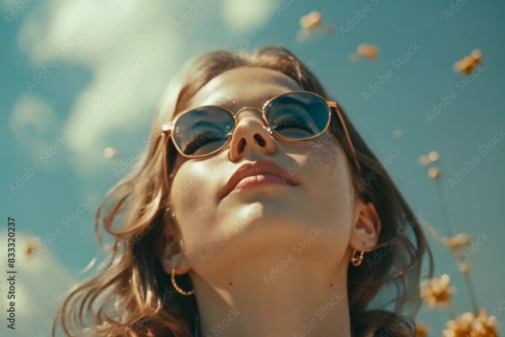 Close-up of a relaxed young glasses woman's face with eyes closed, basking in the sunlight under a clear blue sky. Close-up of a relaxed young glasses woman's face with eyes closed, basking in the sunlight under a clear blue sky.