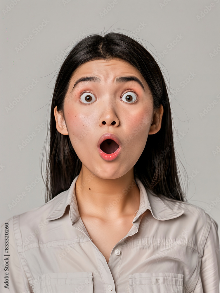 Portrait of a young woman expressing shock and surprise with wide eyes and open mouth against a neutral background Portrait of a young woman expressing shock and surprise with wide eyes and open mouth against a neutral background