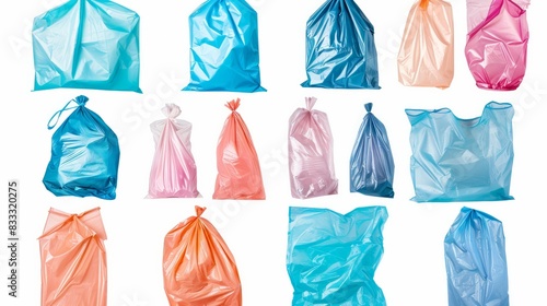 Various plastic bags laid out against a white background.

