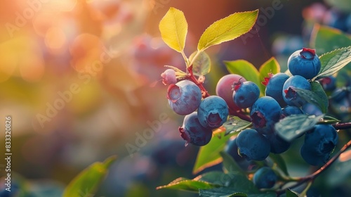 Ripe blueberries hanging on a bush, surrounded by natural greenery.

 photo