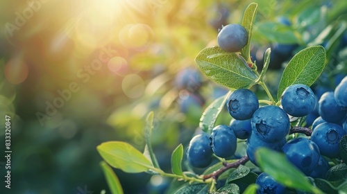 Ripe blueberries hanging on a bush, surrounded by natural greenery.

 photo