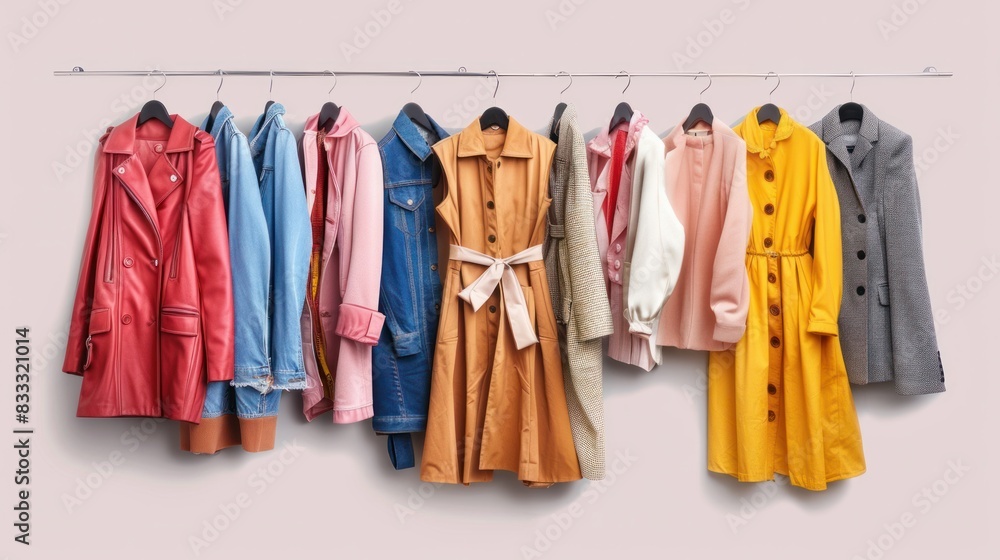 Stylish and luxurious clothing displayed in a fashion shop.
Stylish and luxurious clothing displayed in a fashion shop.