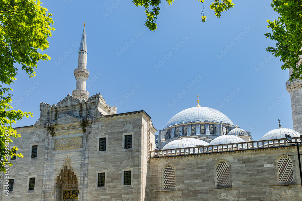 Fototapeta premium The magnificent view of the main entrance gate of the historical Süleymaniye Mosque, where the entrance to the complex area is made. and the dome and minarets of the mosque.
