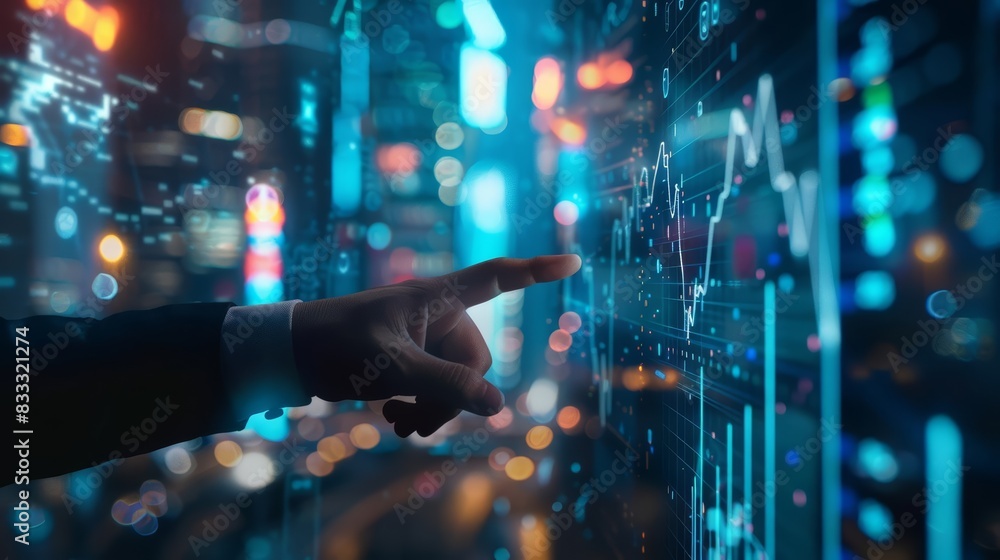 A closeup of a businessman pointing at an investment graph icon A closeup of a businessman pointing at an investment graph icon