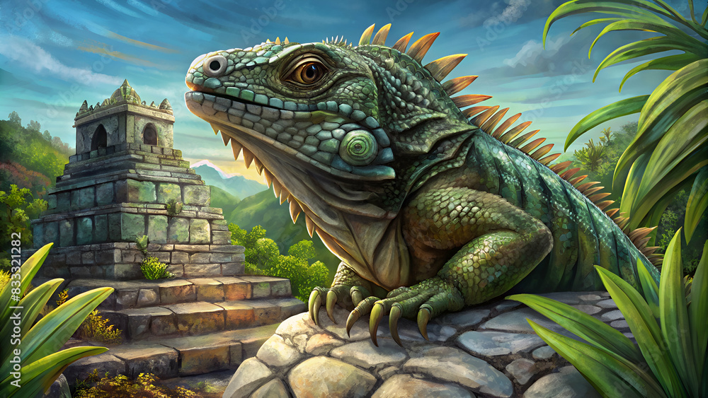 Obraz premium Iguana on rock Tulum ruins Mayan site 
