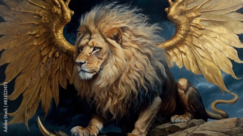 Portrait of a lion - The lion is standing on a rock and is facing the viewer. It has a long, flowing mane and large, golden wings. The background is dark and stormy.