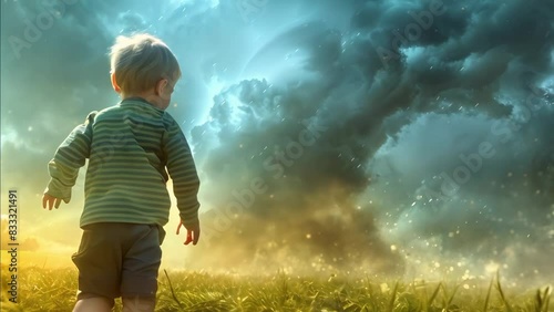 Boy scared as he gazes at large tornado in countryside. Concept Natural Disasters, Fear, Countryside, Extreme Weather, Tornado photo