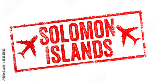 Solomon Islands - a nation of hundreds of islands in the South Pacific, text emblem stamp with airplane photo
