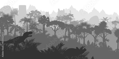 Dinosaur jungle background. Layered landscape with prehistoric rainforest. Parallax effect. Horizontal gray panoramic backdrop with dinosaurs, mountains, palms, trees and bushes.