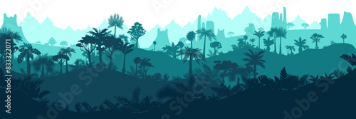Jungle landscape. Layered background with rainforest. Parallax effect. Horizontal blue panoramic backdrop with mountains, hills, palms, trees and bushes.