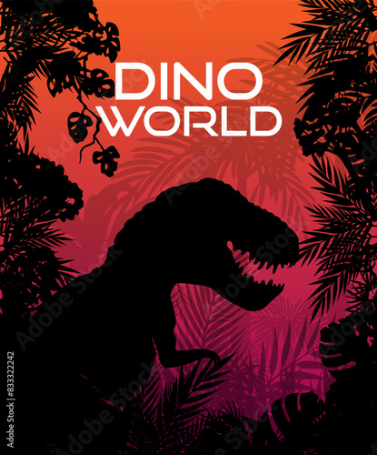 Tyrannosaurus in jungle background. Layered landscape with prehistoric rainforest. Parallax effect. Panoramic backdrop with dinosaur, palms, trees and bushes.