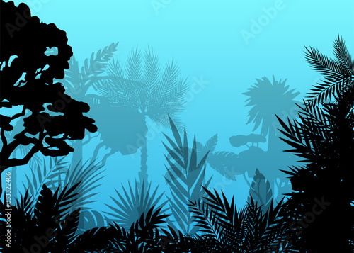 Jungle landscape. Layered background with rainforest. Parallax effect. Horizontal blue panoramic backdrop with lianas, palms, trees and bushes.