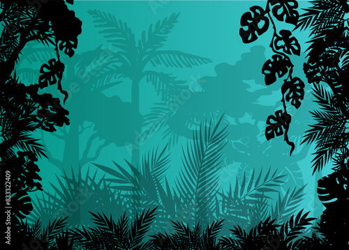 Jungle landscape. Layered background with rainforest. Parallax effect. Horizontal blue panoramic backdrop with lianas, palms, trees and bushes.