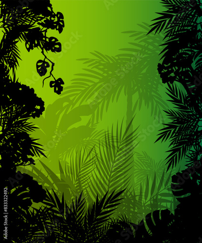 Jungle landscape. Layered background with rainforest. Parallax effect. Vertical green panoramic backdrop with lianas, palms, trees and bushes.