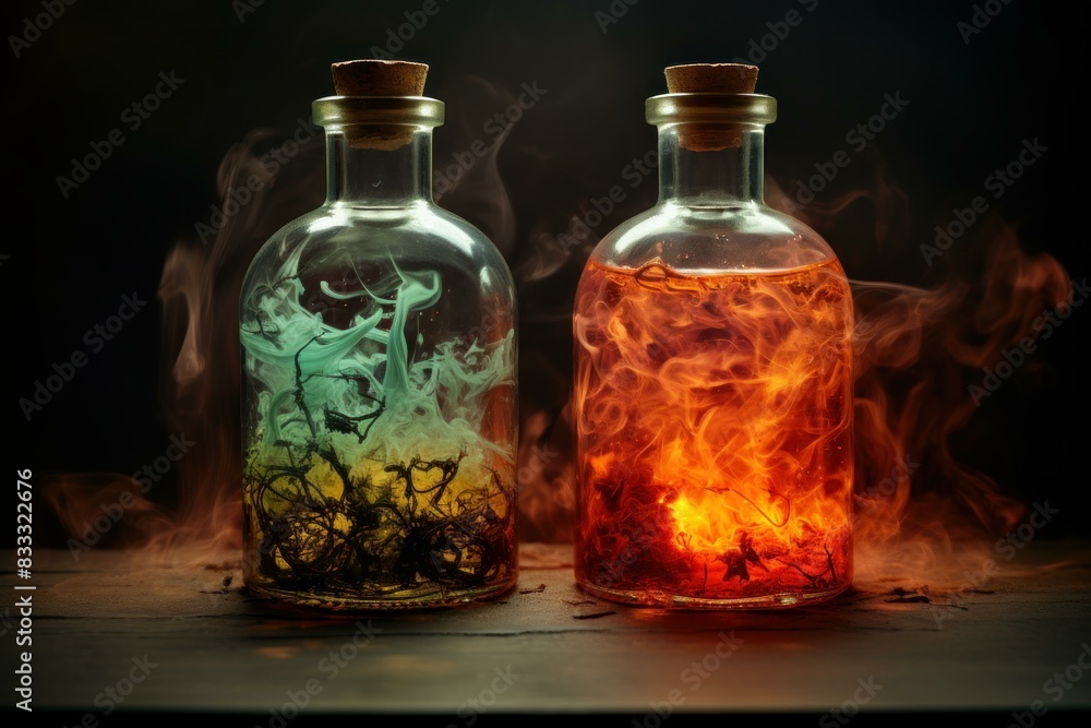 Magical potion bottles with red and blue smoke against a dark backdrop Magical potion bottles with red and blue smoke against a dark backdrop