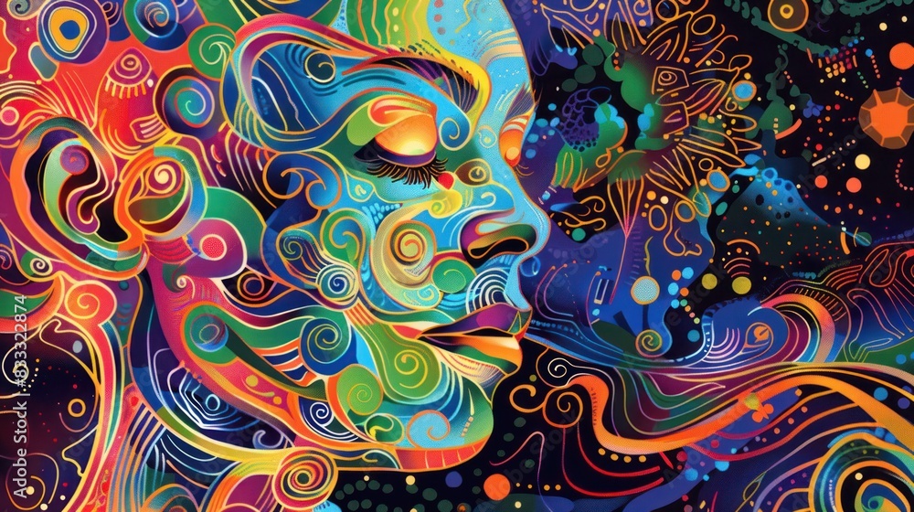 A colorful digital graphic of a meditative human head, surrounded by soothing and harmonious patterns A colorful digital graphic of a meditative human head, surrounded by soothing and harmonious patterns