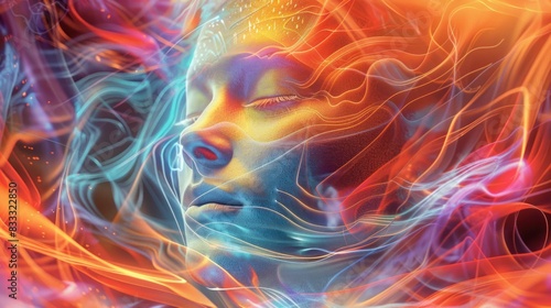 A woman's face is shown in a colorful, swirling smoke. Concept of mystery and wonder, as the smoke seems to be alive and constantly changing. The woman's expression is serene and peaceful