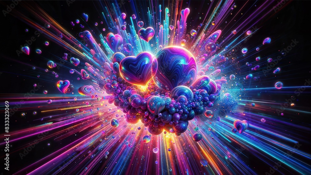A vibrant, digital art explosion of colorful hearts and bubbles with radiant light streaks against a dark background, evoking a sense of joy and celebration. A vibrant, digital art explosion of colorful hearts and bubbles with radiant light streaks against a dark background, evoking a sense of joy and celebration.