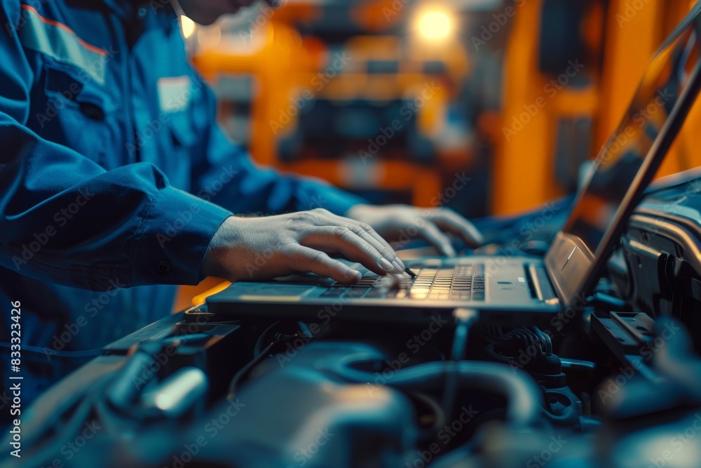 Mechanic using a laptop for car diagnostics, Person in blue uniform ...