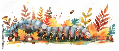 A cute watercolor of a centipede, crawling through colorful autumn leaves, in a vibrant forest floor, with mushrooms and acorns, clipart isolated on white