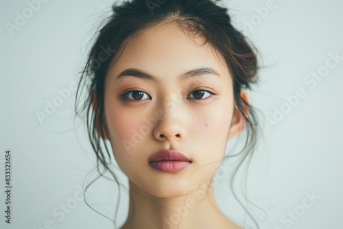 young East Asian woman with her hair tied back  wearing natural makeup  studio shot  white background