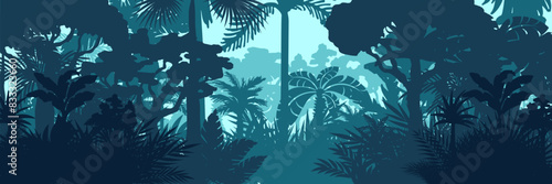 Jungle landscape. Layered background with rainforest. Parallax effect. Horizontal blue panoramic backdrop with palms, trees and bushes.