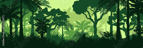 Jungle landscape. Layered background with rainforest. Parallax effect. Horizontal green panoramic backdrop with palms, trees and bushes.