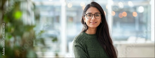 An Indian woman with long hair wearing glasses and a green sweater in front of glass walls looking at the camera smiling, modern office background