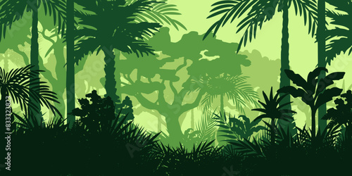 Jungle landscape. Layered background with rainforest. Parallax effect. Horizontal green backdrop with palms  trees and bushes.