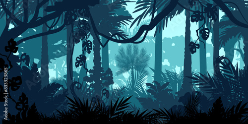 Jungle landscape. Layered background with rainforest. Parallax effect. Horizontal blue backdrop with lianas, palms, trees and bushes.