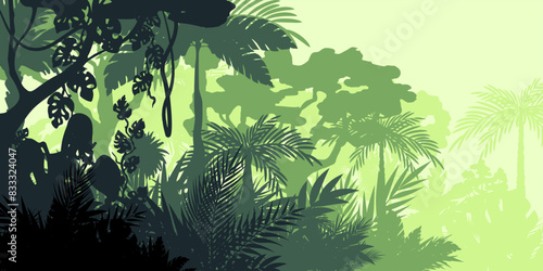 Jungle landscape. Layered background with rainforest. Parallax effect. Horizontal green backdrop with palms, trees and bushes.