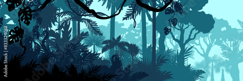 Jungle landscape. Layered background with rainforest. Parallax effect. Horizontal blue panoramic backdrop with lianas, palms, trees and bushes.