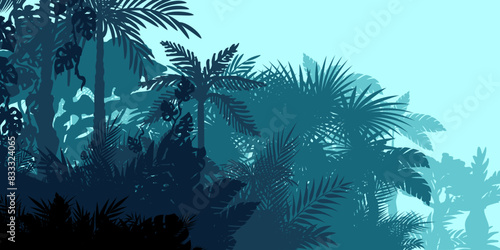 Jungle landscape. Layered background with rainforest. Parallax effect. Horizontal blue backdrop with palms, trees and bushes.