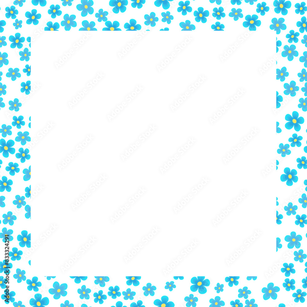 Randomly many small blue flowers on white background. Design element with flowers. Cute forget-me-not flower frame. Rustic style printable home decor. Vector illustration for cards and other projects Randomly many small blue flowers on white background. Design element with flowers. Cute forget-me-not flower frame. Rustic style printable home decor. Vector illustration for cards and other projects
