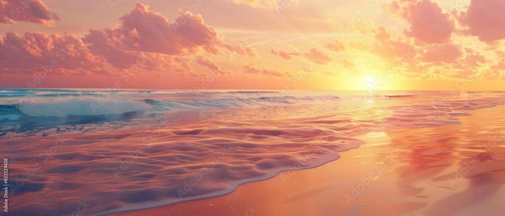Fototapeta premium Serene beach sunset with soft, pink clouds and gentle waves.